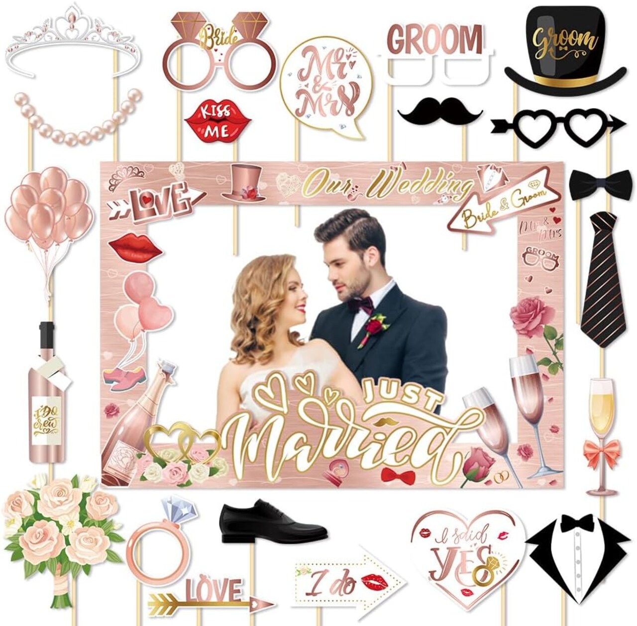 26 PCS Wedding Photo Booth Props and Photo Frames, Rose Gold Bride to Be Selfie Photo Booth Frame Props, Wedding Decoration Bachelorette Engagement Party Favor Supplies Welcome to Seller Assistant Please log in to your account to start working Log